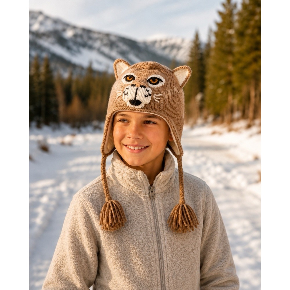 Vive Bien Hand Knit Wild Cat Trapper Hat RETIRED 100% Wool Fleece Lined Ecuador